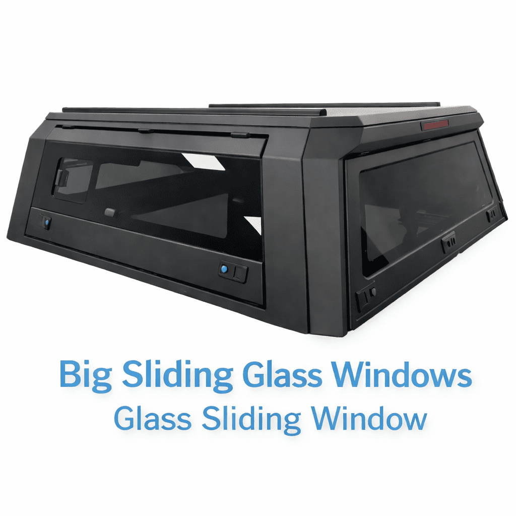Matte black truck canopy with large tinted sliding glass windows on both sides and rear brake light, shown in three-quarter view