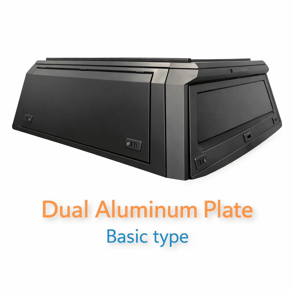 Black dual aluminum plate basic type truck canopy with side-opening doors and rear brake light, shown in three-quarter view